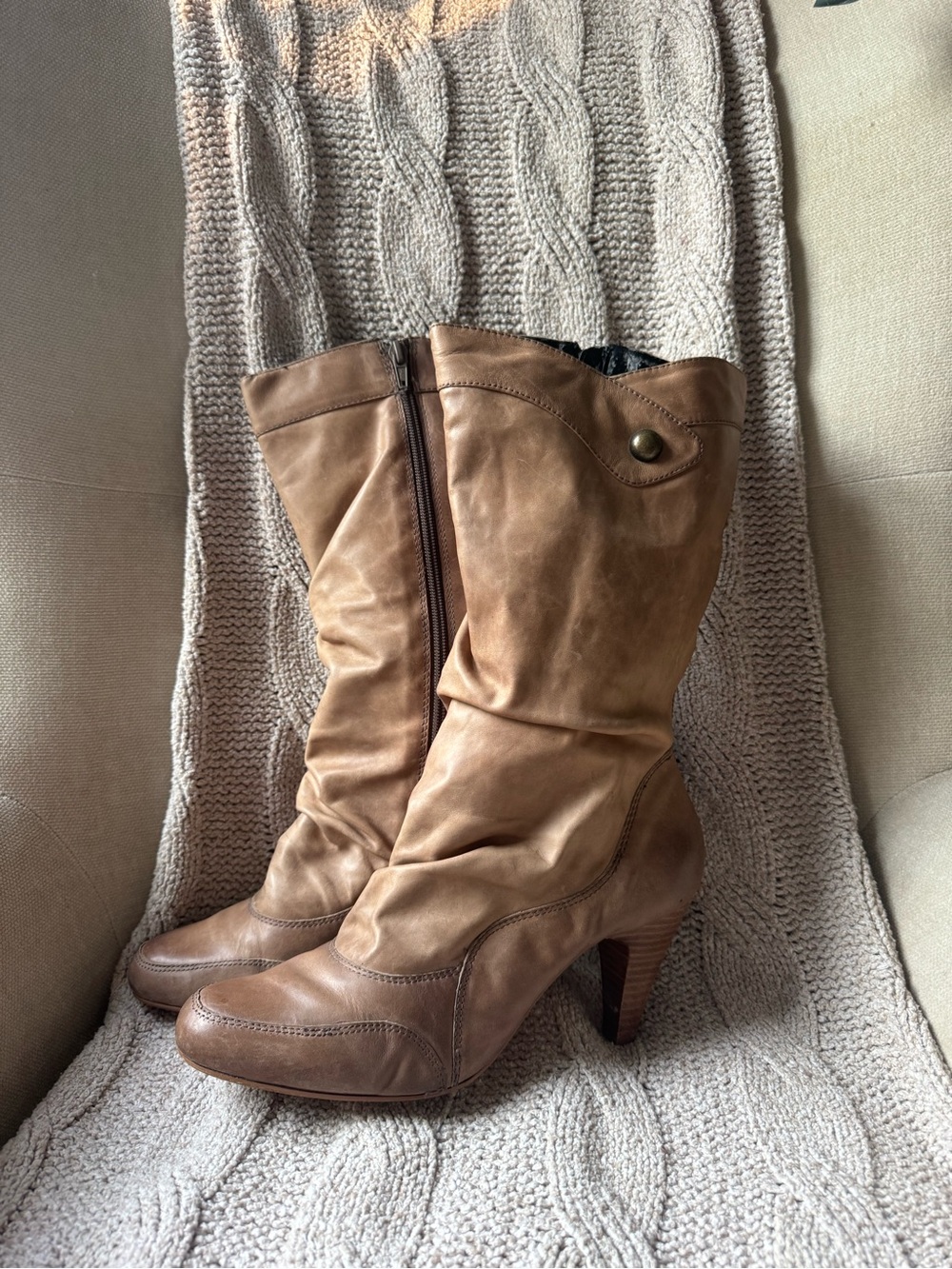 Franco Fortini Tan Leather Mid-Calf Heeled Boots with Side Zip